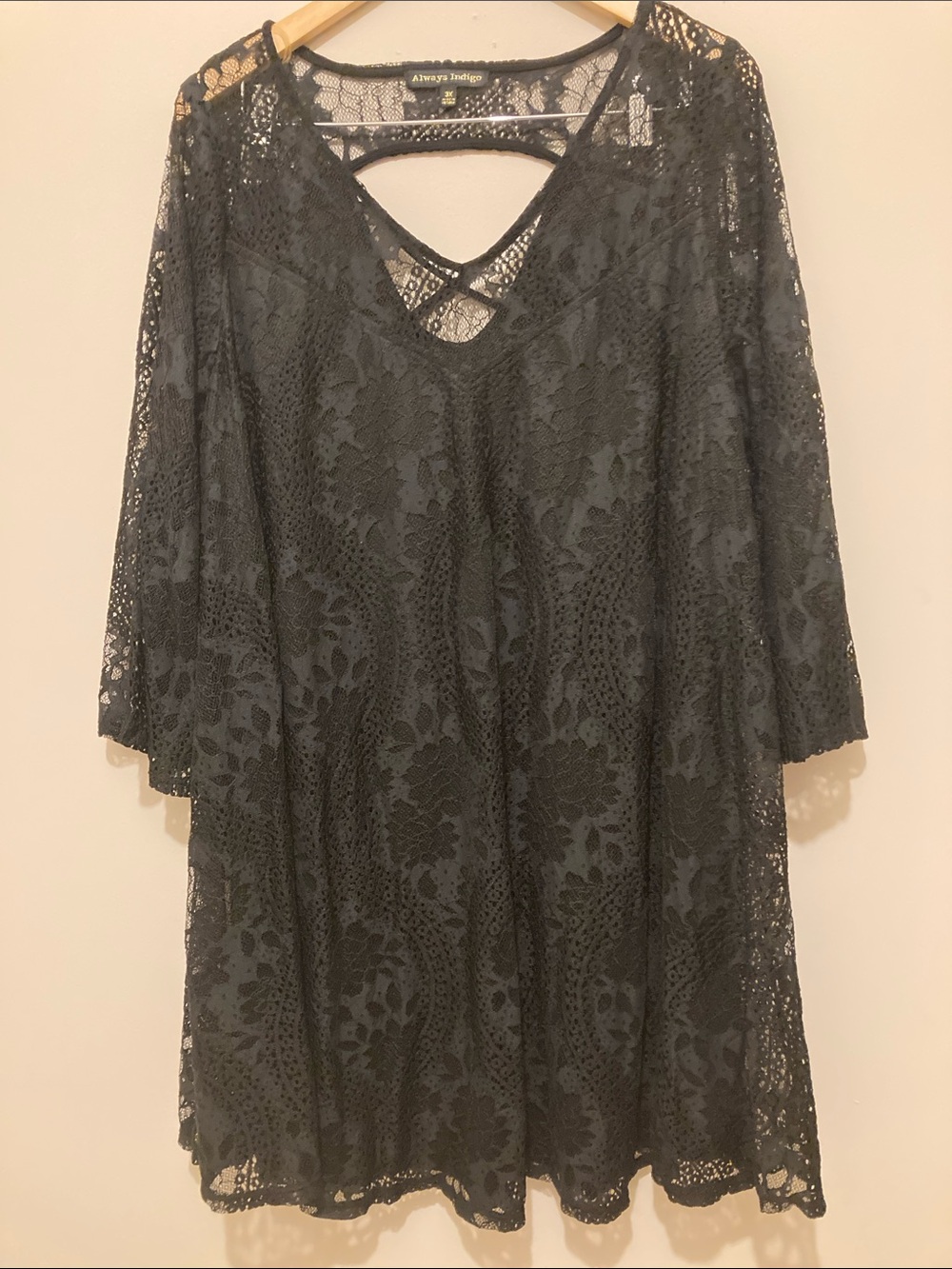 Always Indigo Black Lace 3/4 Sleeve Dress with V-Neck Crisscross 3X NWT
